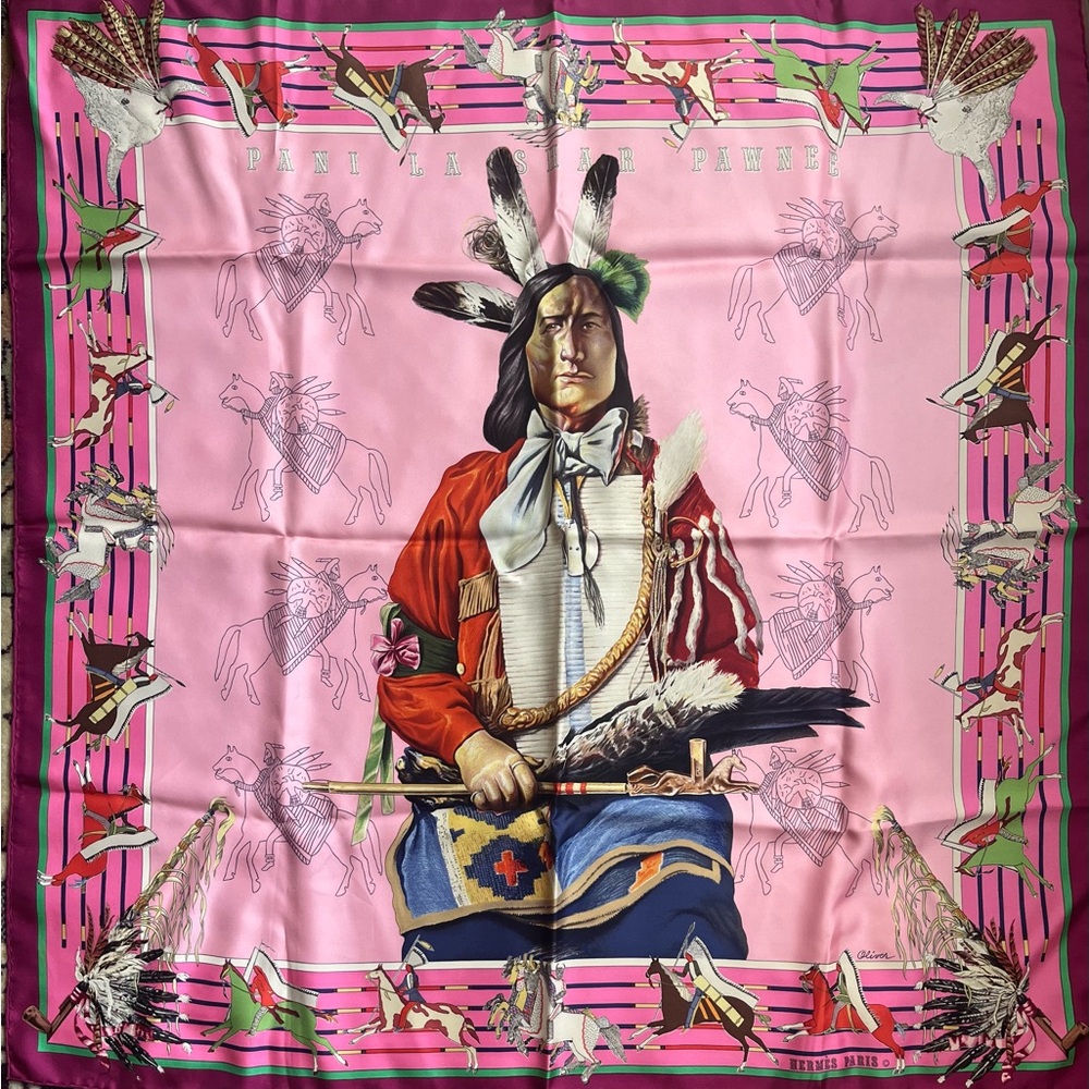 Hermès Silk Scarf Pani La Shar Pawnee in pink. Designed by artist Kermit Oliver.